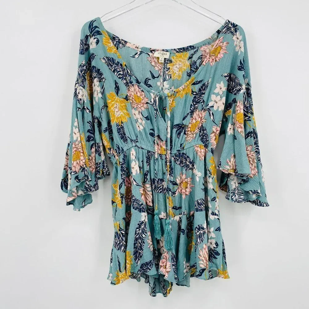 Umgee Size Small Blue Floral Boho Bell Sleeve Tassel Romper Flutter Legs